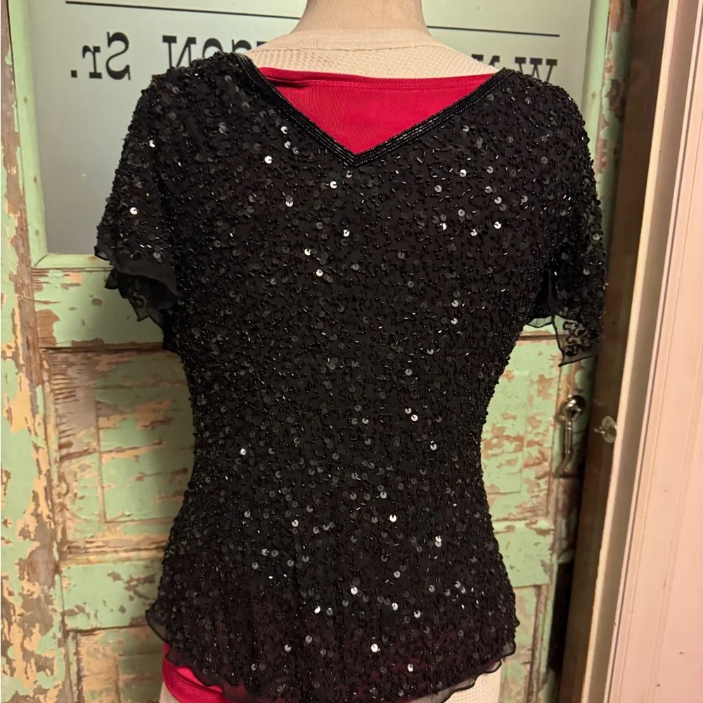 Adrianna Papell Black Sequin V-Neck Blouse - Picture 4 of 5